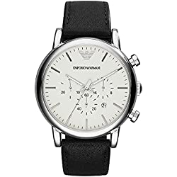 Emporio Armani Reloj Hombre, Movimiento cronógrafo de cuarzo, caja de 46mm Plata / Acero inoxidable con correa de piel, AR1807