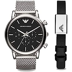 Emporio Armani Reloj Hombre, Movimiento de cuarzo, caja de 46 mm de acero inoxidable plateado con correa de malla de acero inoxidable, Plata