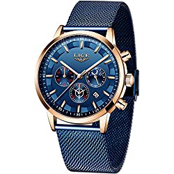LIGE Relojes Hombre Moda Impermeable Acero Inoxidable Analógico Cuarzo Relojes Lujo Negocio Azul Fecha Automática Relojes