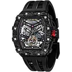 TSAR BOMBA Relojes Hombre Automático Reloj de Pulsera Tonneau Lujo Cristal Zafiro Movimiento Japonés Acero Inoxidable 316 Impermeables 50M Luminos Esqueleto Analogico Deportivo Regalo Hombre