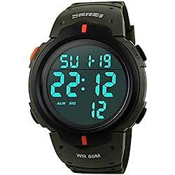 SKMEI Reloj Deportivo Digital para Hombre con Pantalla LED de Gran Cara, Militar, Impermeable, Casual, Luminoso, cronómetro, Alarma Simple del ejército, Verde Militar, Digital